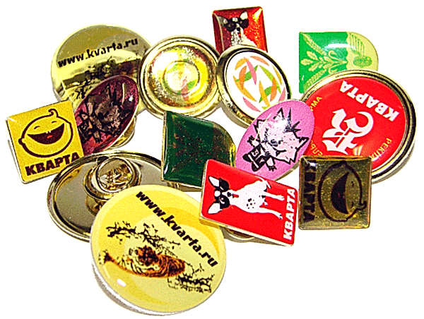 Значки заливные различных форм. Производство -- типография "Кварта", Астана.